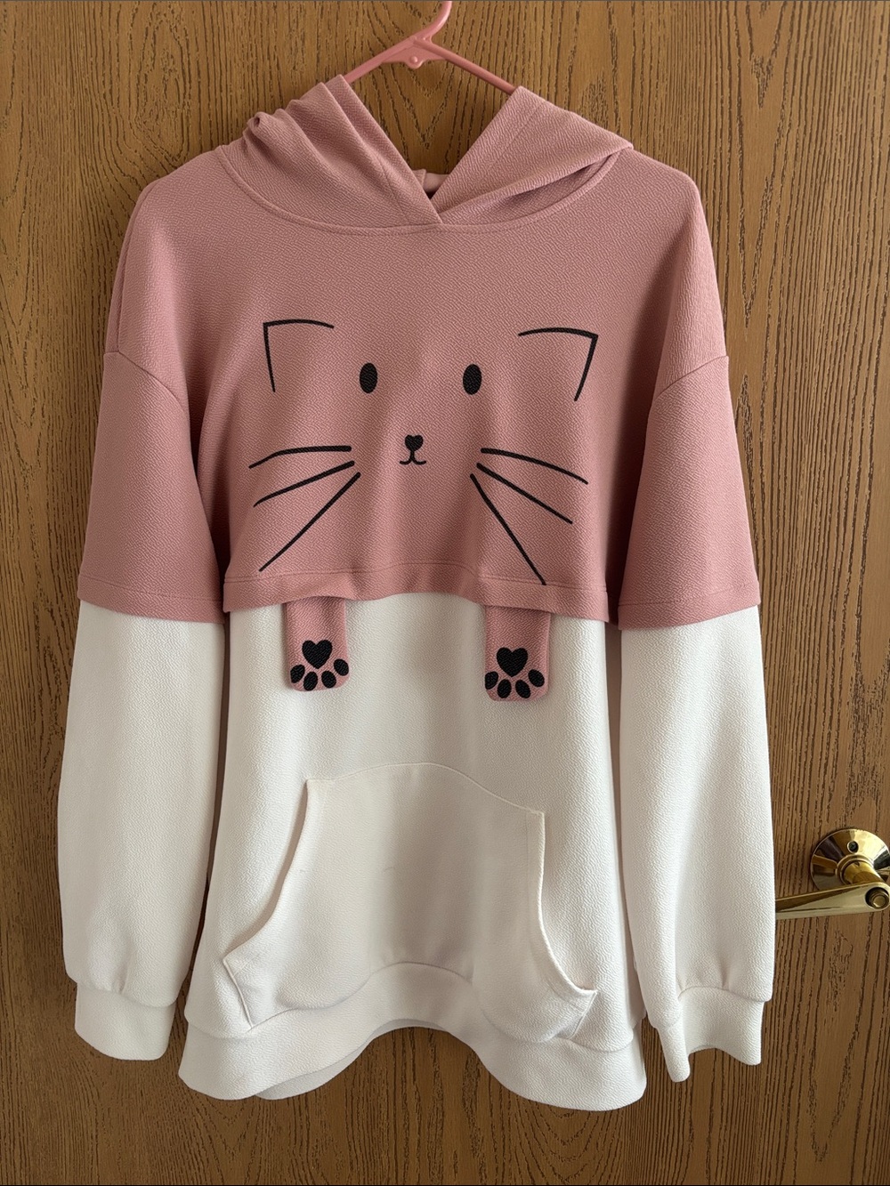 SHEIN Pink and White Cat Face Hooded Sweatshirt
